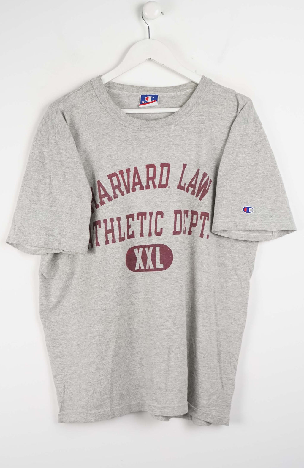 Gray t-shirt with 'Harvard Law Athletic Dept.' text on a white background