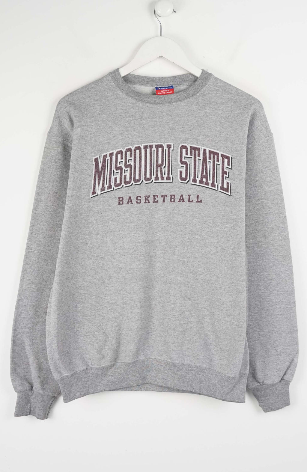 Gray sweatshirt with 'Missouri State Basketball' text on a white background