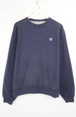 Navy blue sweatshirt with a small logo on a white background