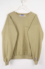 Beige sweatshirt with Champion logo on a white background