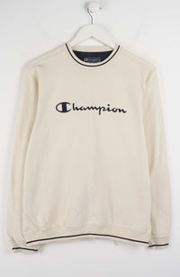 Beige sweatshirt with Champion logo on a white background