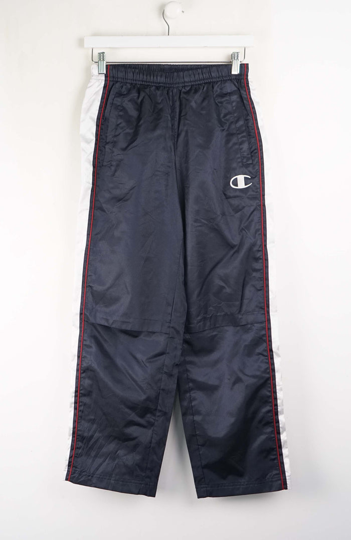 Navy blue pants with a brand logo on a white background