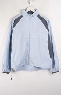 Light blue jacket with gray accents on a white hanger