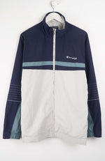 Navy and white jacket with Champion logo on a hanger against a white background