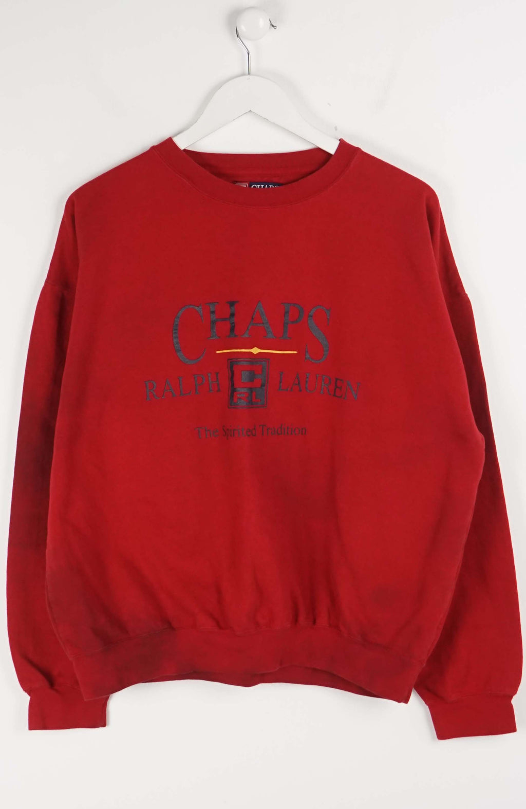 Red sweatshirt with 'Chaps Ralph Lauren' logo on a white background
