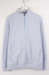 Light blue pullover with a quarter zip on a white background