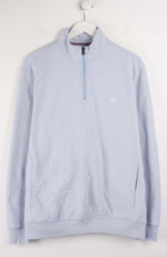 Light blue pullover with a quarter zip on a white background