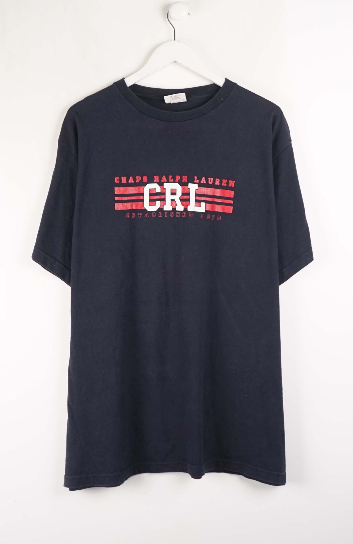 Navy blue t-shirt with 'CRL' logo on a white background