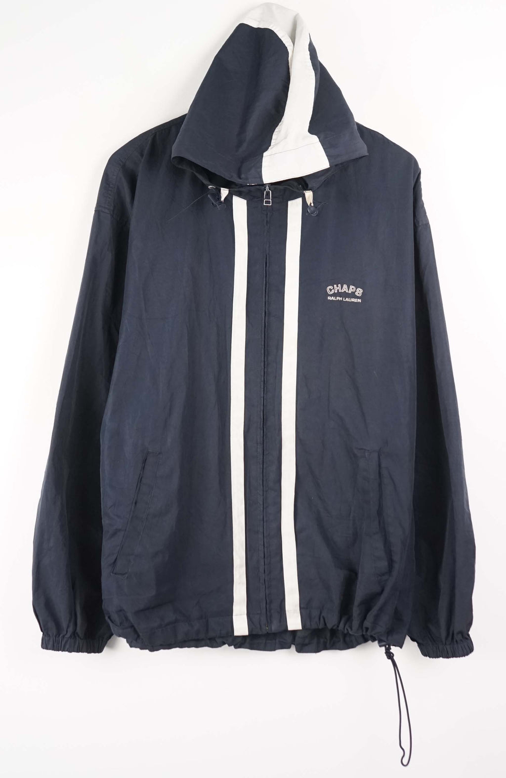 Navy jacket with white zipper and accents on a white background