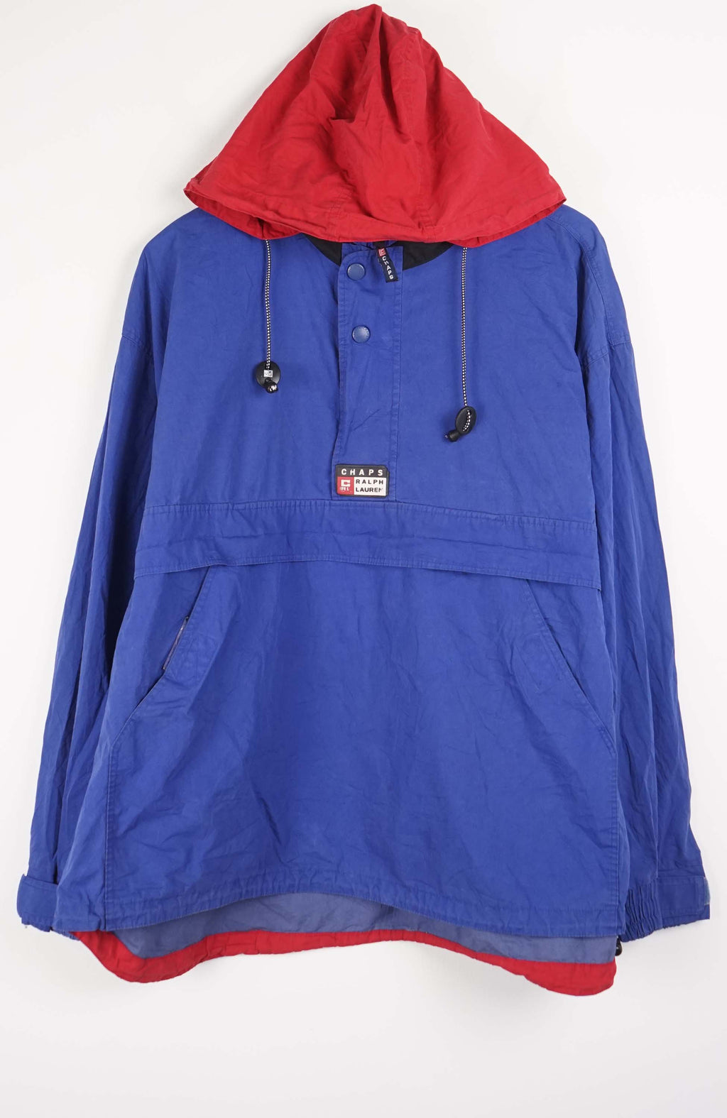 Blue and red hooded jacket on a white background