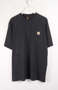 Black t-shirt with a pocket and visible brand logo on a white background