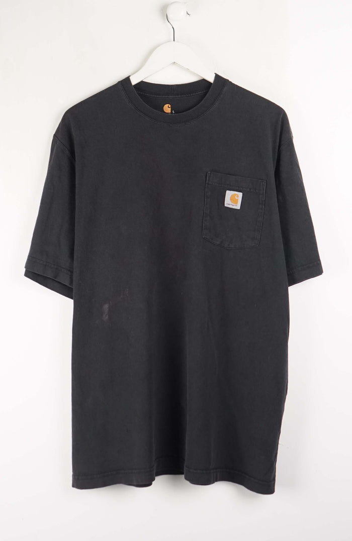 Black t-shirt with a pocket and visible brand logo on a white background