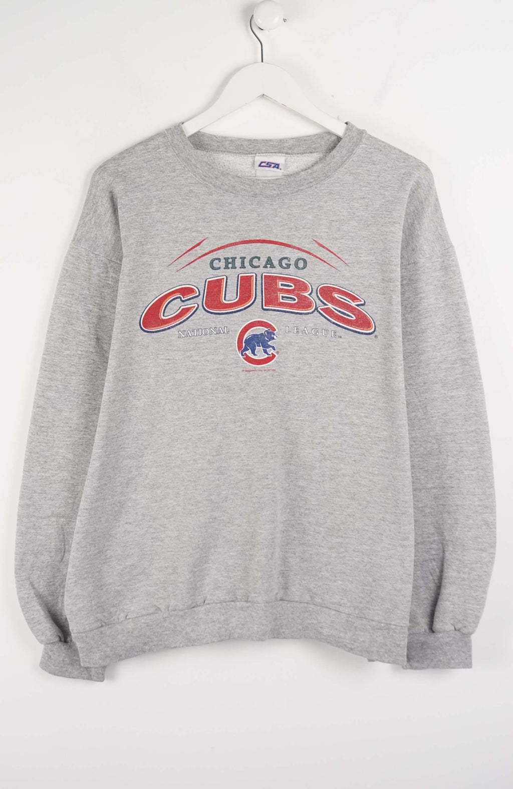 Gray sweatshirt with Chicago Cubs logo on a white background