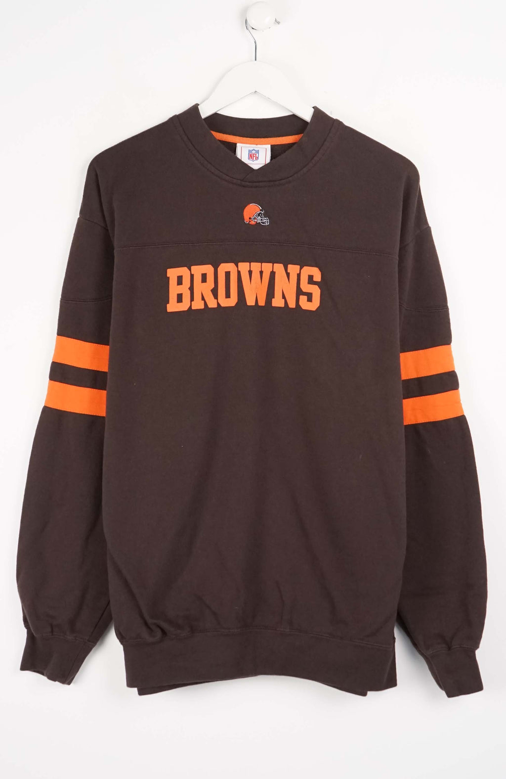 Brown sweatshirt with 'Browns' text and orange stripes on a white background