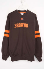 Brown sweatshirt with 'Browns' text and orange stripes on a white background