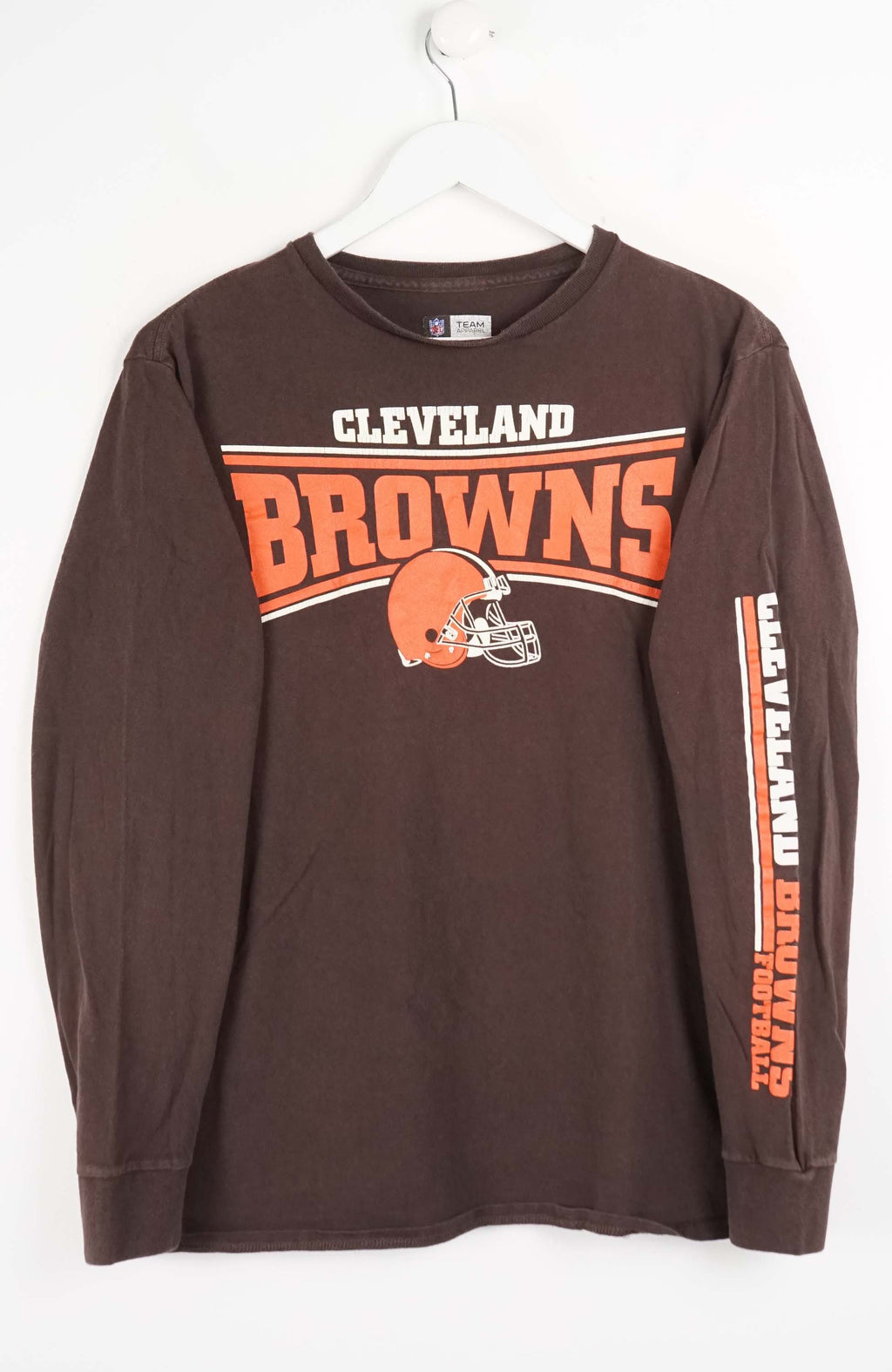 Brown Cleveland Browns long-sleeve shirt on a white hanger