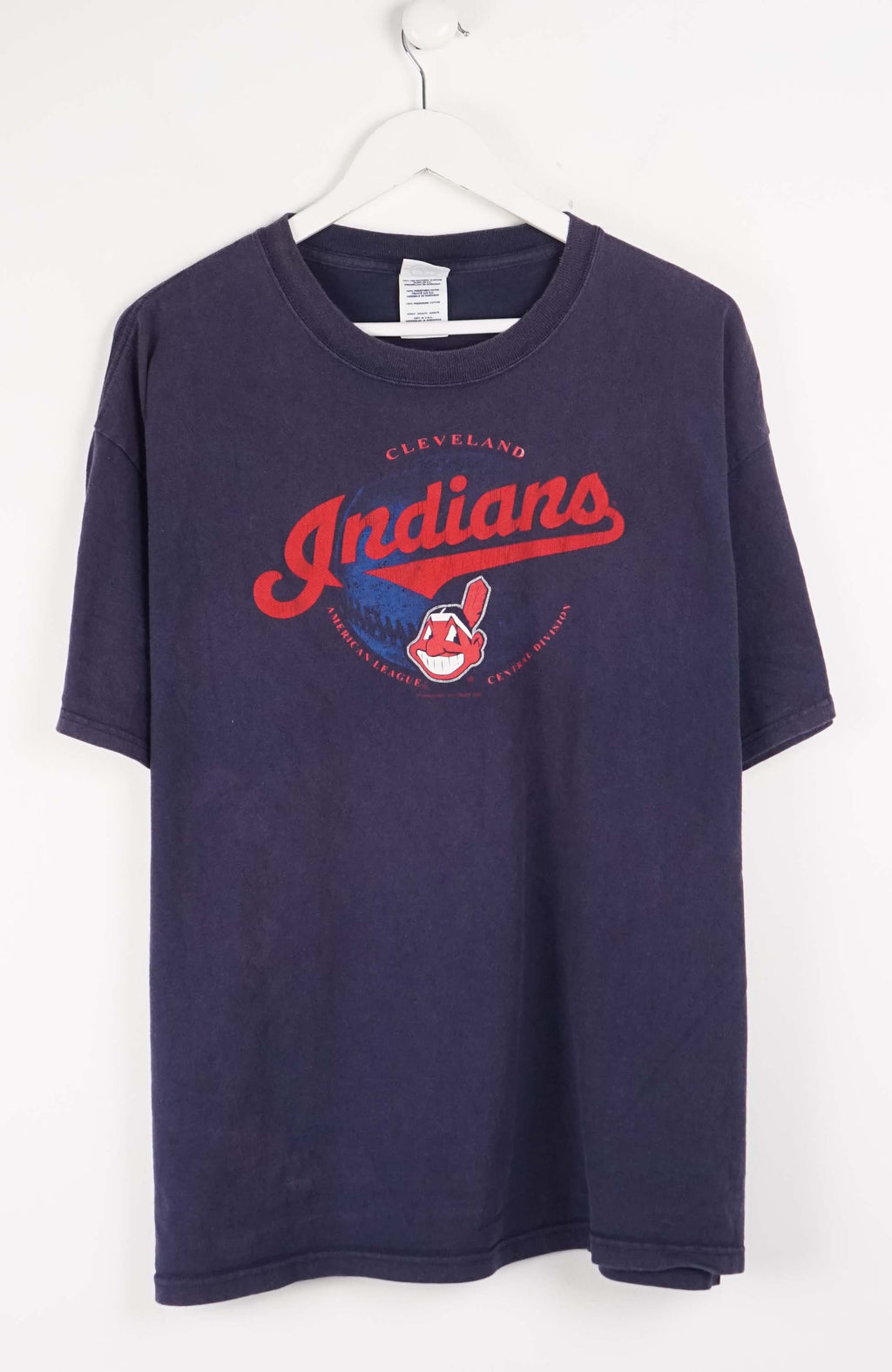 Navy blue t-shirt with Cleveland Indians logo on a white background