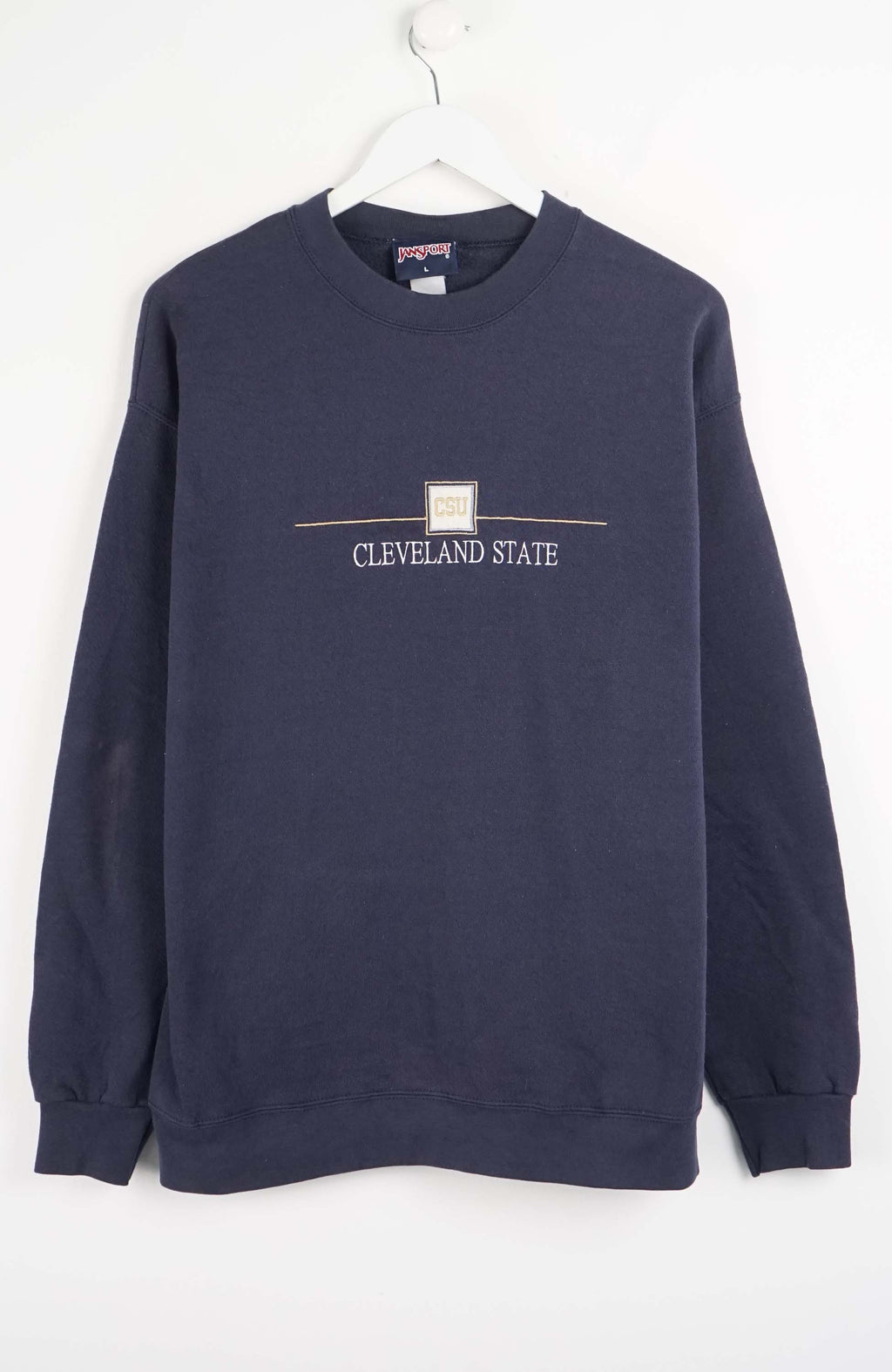 Navy blue sweatshirt with 'Cleveland State' text on a white background