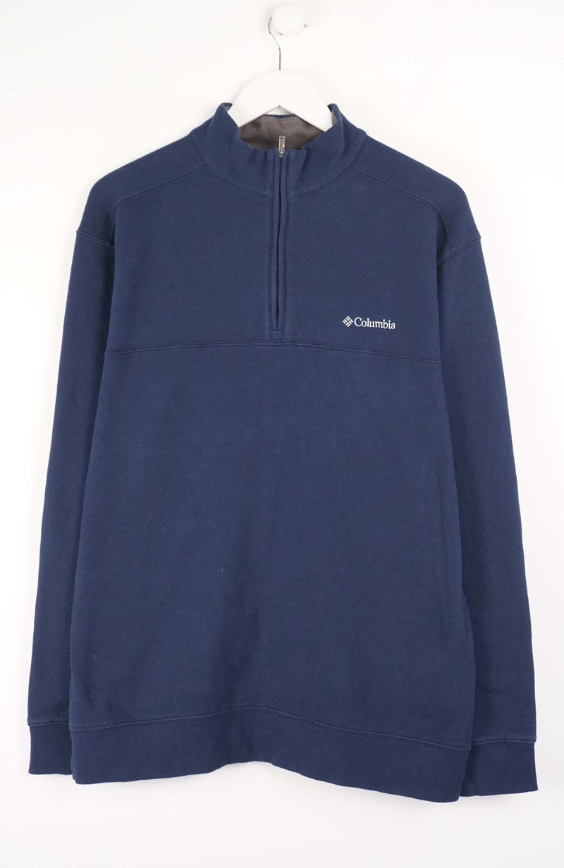 Navy blue sweatshirt with Columbia logo on a white background