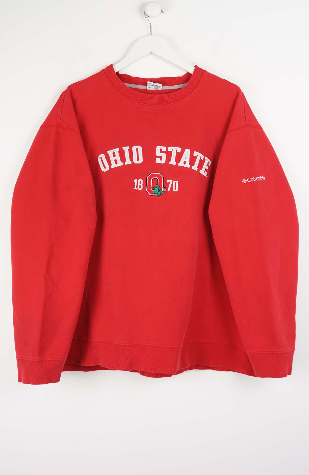 Red Ohio State sweatshirt on a white hanger