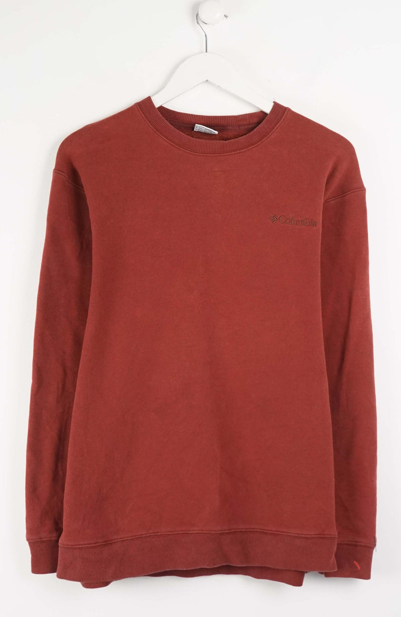Red sweatshirt on a white hanger against a white background