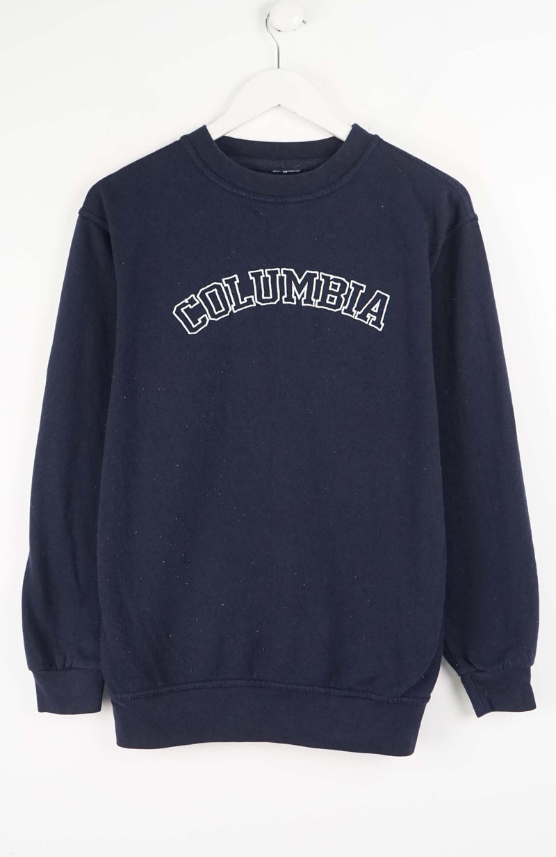 Navy blue Columbia sweatshirt on a white hanger against a white background