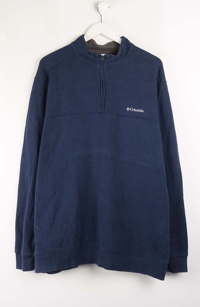 Navy blue pullover with Columbia logo on a white background