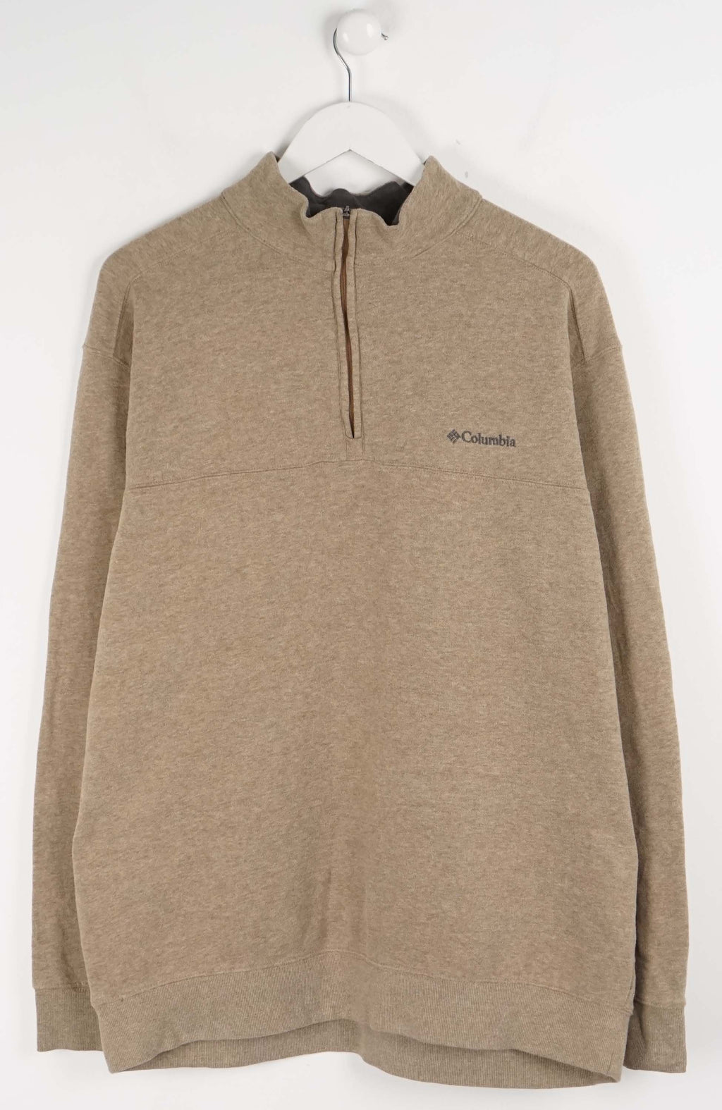 Beige long-sleeve shirt with Columbia logo on a white background