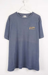 Blue t-shirt with a logo on a white background