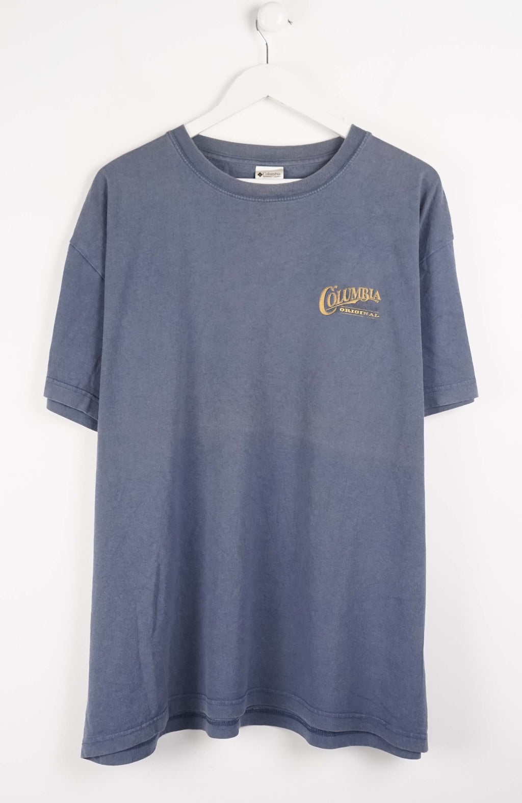 Blue t-shirt with a logo on a white background