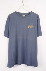 Blue t-shirt with a logo on a white background