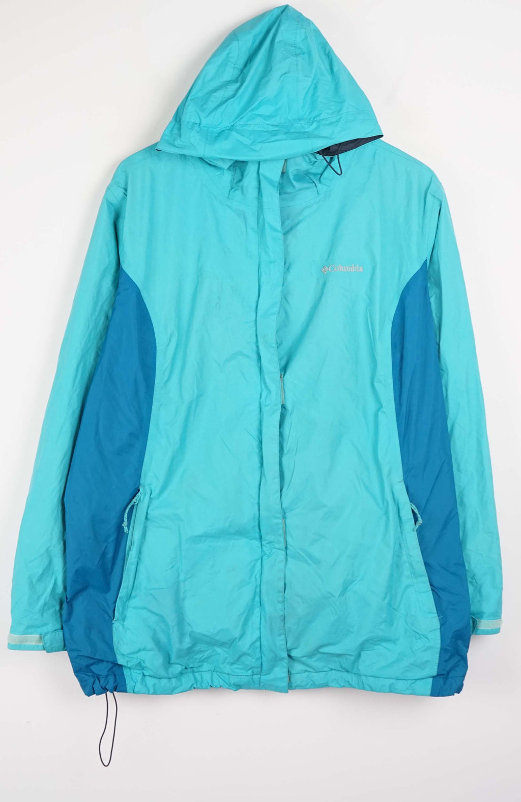 Turquoise jacket with a hood on a white background