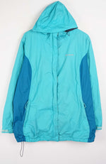 Turquoise jacket with a hood on a white background