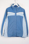 Blue jacket with white accents on a hanger against a white background