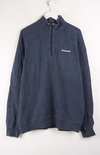Navy blue pullover with a brand logo on a white background