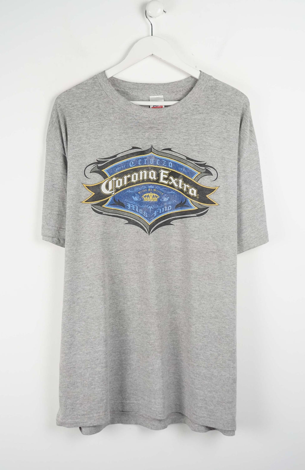 Gray t-shirt with Corona Extra logo on a white background