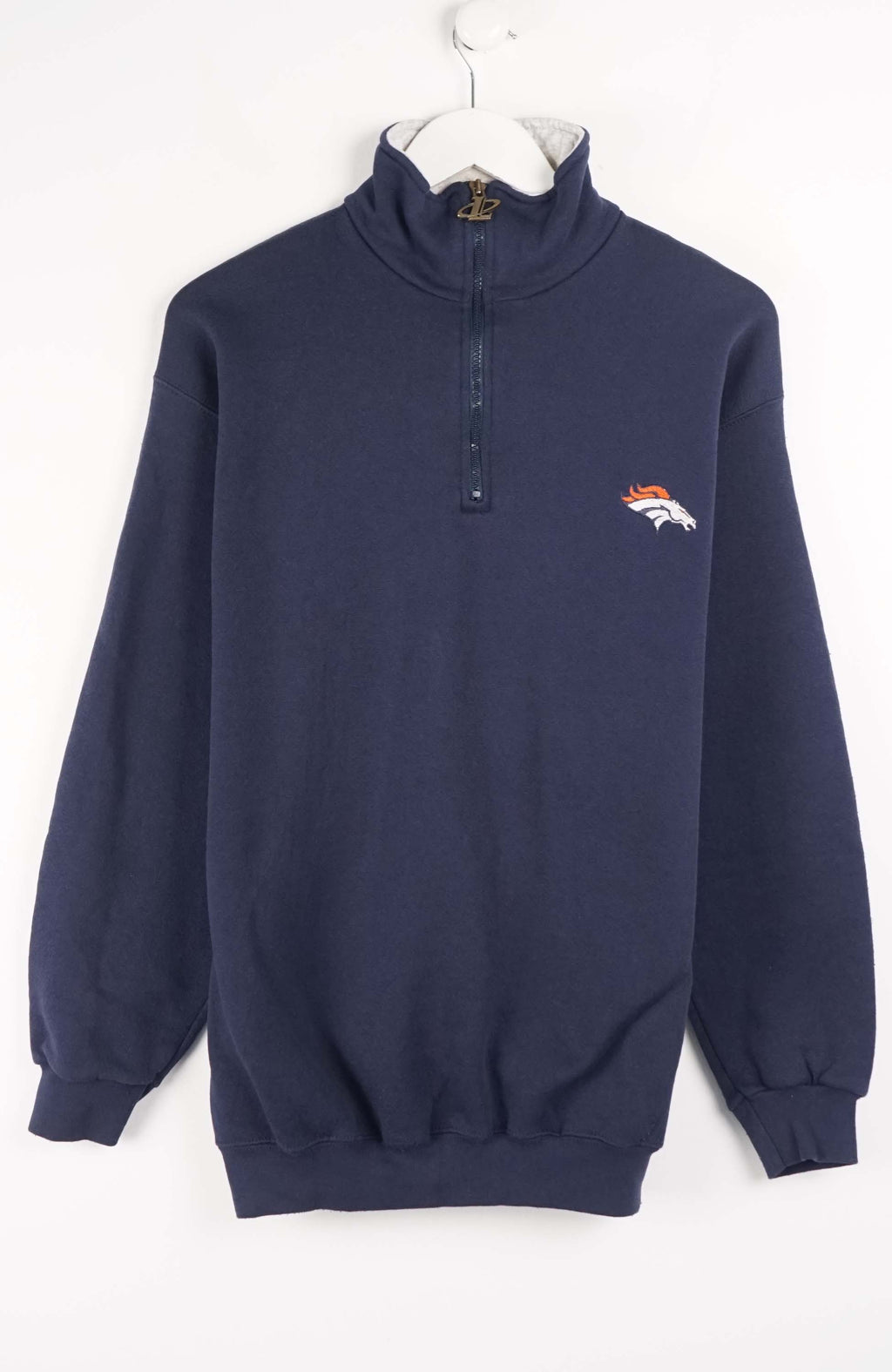 Navy blue quarter-zip sweatshirt with a logo on a white background