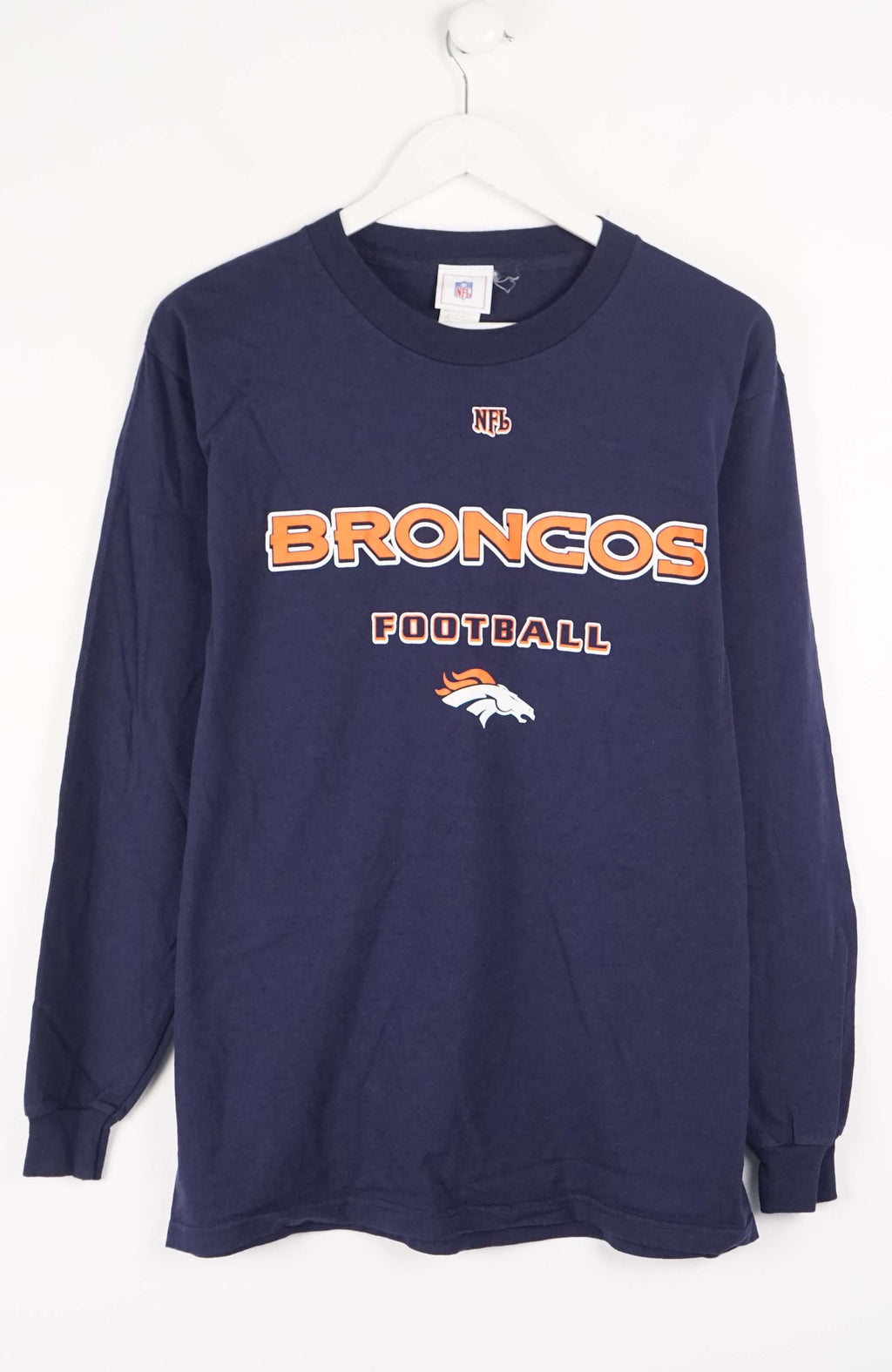 Navy blue long-sleeve shirt with 'Broncos Football' text and logo on a white background