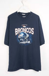 Navy blue t-shirt with Denver Broncos logo on a white background
