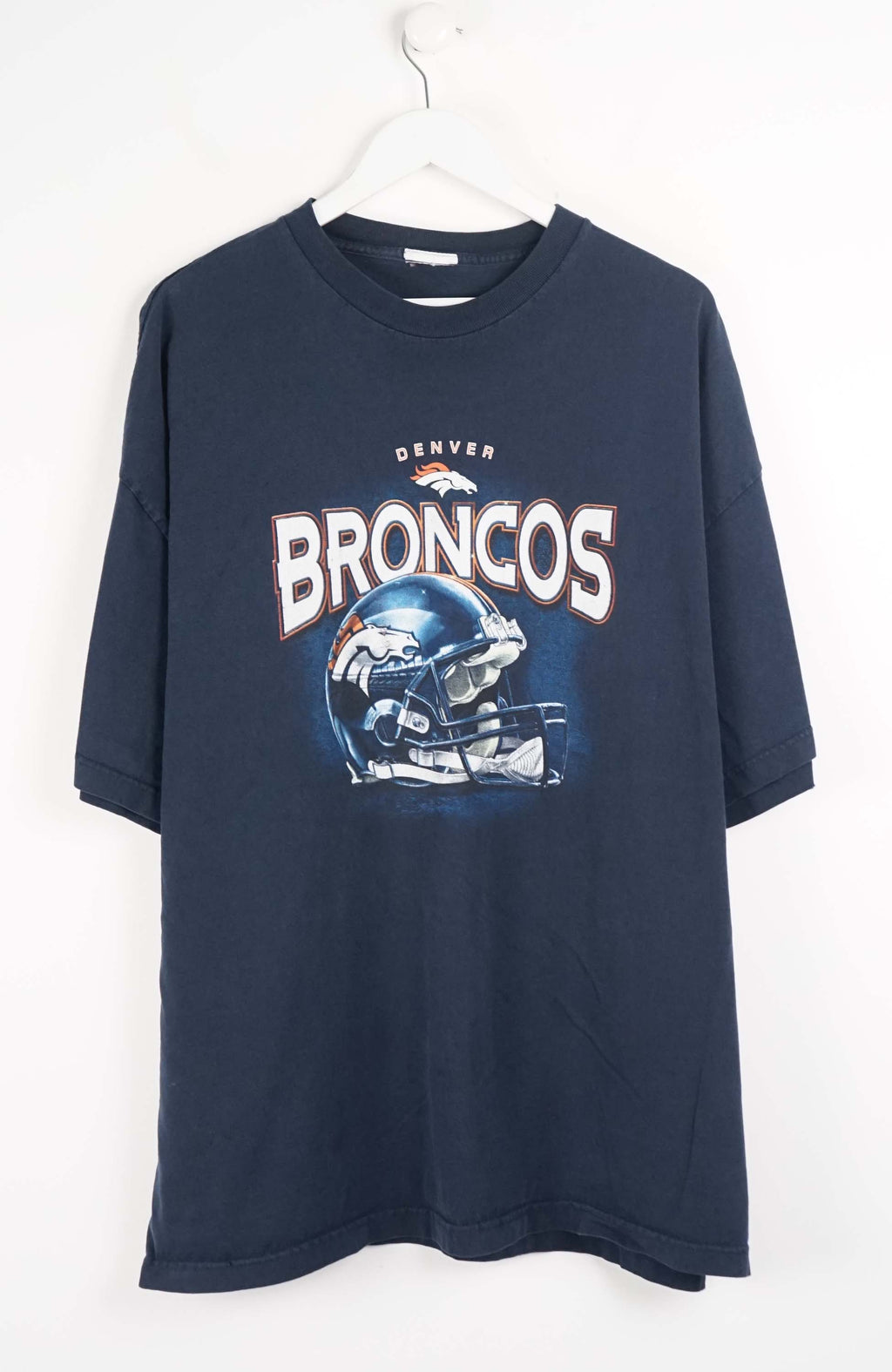 Navy blue t-shirt with Denver Broncos logo on a white background