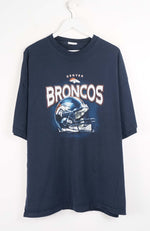 Navy blue t-shirt with Denver Broncos logo on a white background