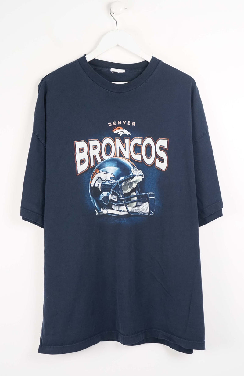 Navy blue t-shirt with Denver Broncos logo on a white background