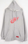 Gray hoodie with a red logo on a white background