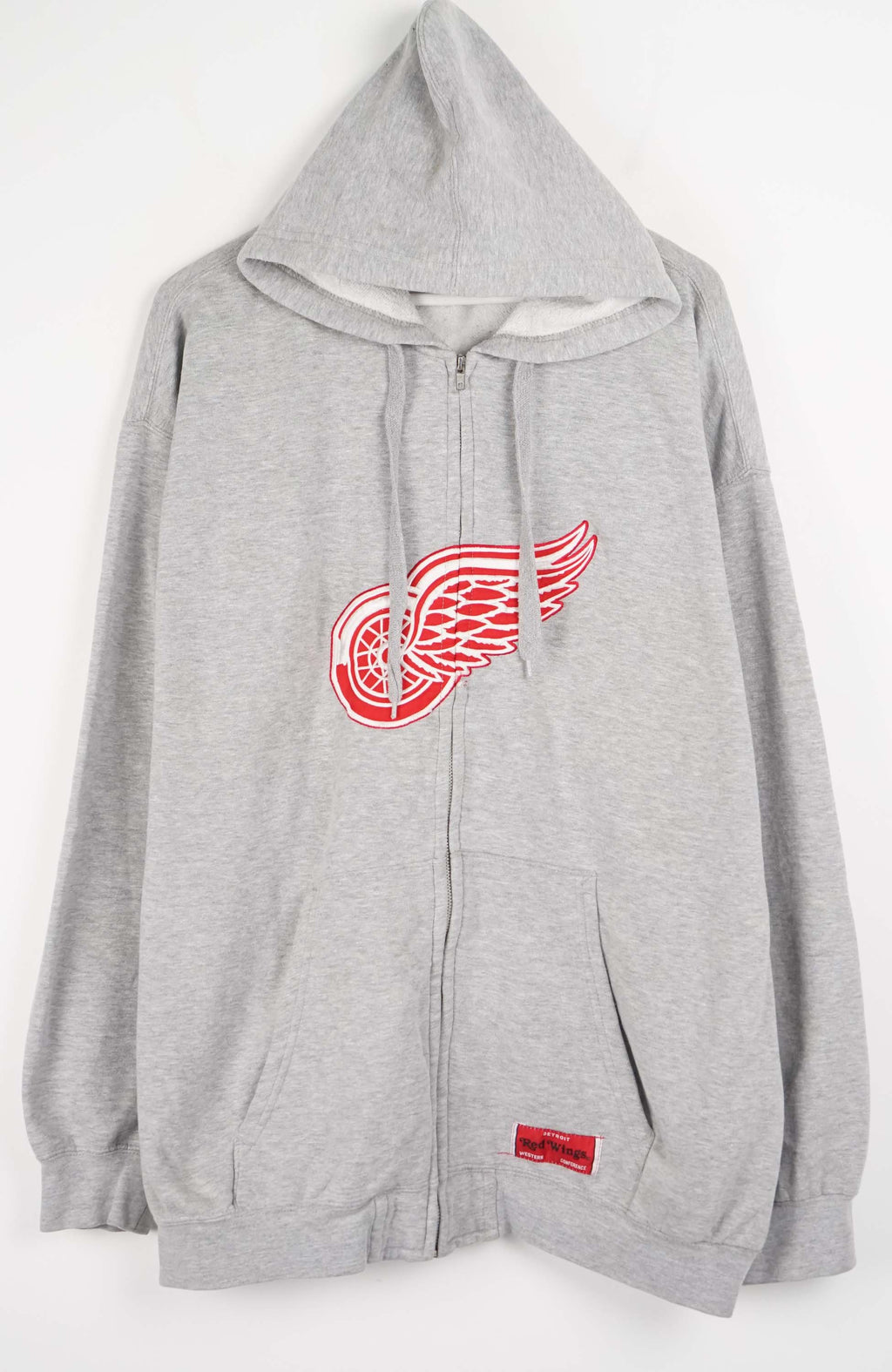 Gray hoodie with a red logo on a white background