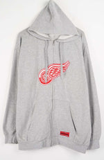 Gray hoodie with a red logo on a white background