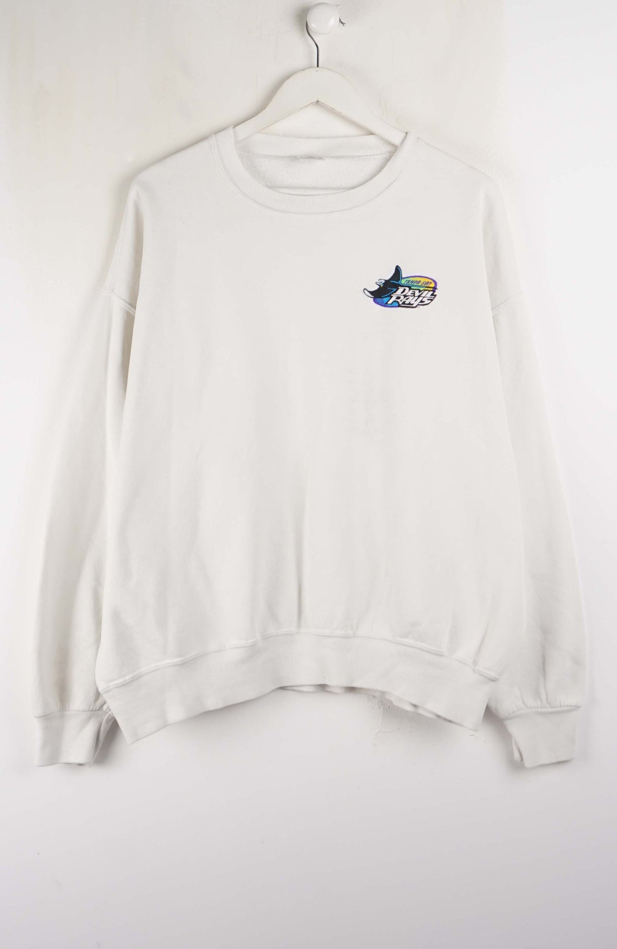 White sweatshirt with a colorful logo on a white background
