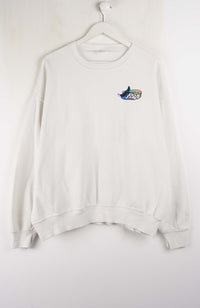 White sweatshirt with a colorful logo on a white background