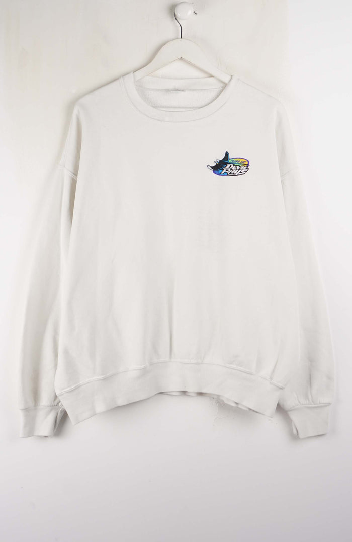 White sweatshirt with a colorful logo on a white background