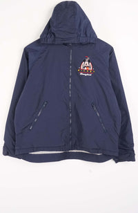Navy blue jacket with a logo on the chest against a white background