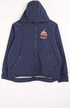 Navy blue jacket with a logo on the chest against a white background
